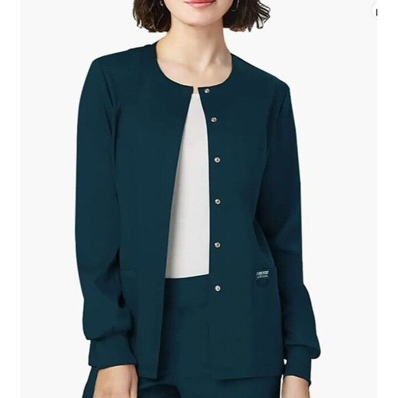 Cherokee Jackets & Blazers - Women Jacket Snap Front Warm Up Workwear Caribbean Cherokee Blue 26 28 3XL